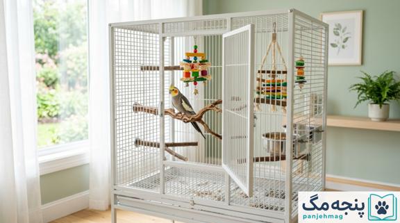 چیدمان استاندارد یه قفس بزرگ برای عروس هلندی با چوب‌های طبیعی و اسباب‌بازی‌های ایمن
